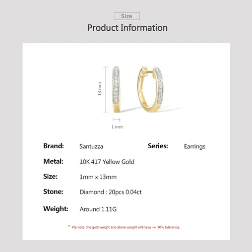 Vista 4 de Santuzza Aretes de aro delicados de oro macizo de 10 quilates con diamantes auténticos para mujer