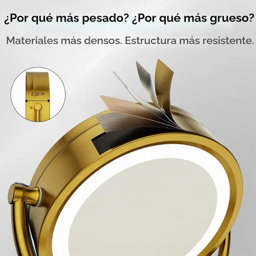 Vista 6 de GURUN - Espejo de maquillaje con aumento enchufable, montaje en pared, doble cara, dorado, 10x