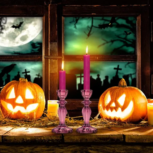 Vista 5 de Portavelas de cristal, 2 portavelas de base ancha, soporte decorativo para velas, centros de mesa para Halloween, Navidad, boda, fiesta de Morado