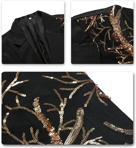 Vista 6 de Boyland - Blazer de esmoquin para hombre con lentejuelas doradas y flores, traje elegante para fiestas, cenas, graduación, chaqueta deportiva