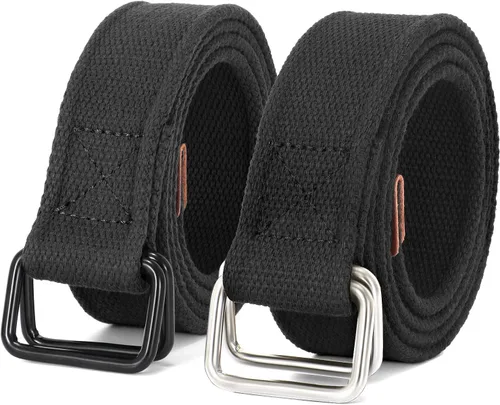 Vista 11 de JASGOOD Cinturones de tela de lona para hombre, cinturones casuales de tela con hebilla de doble anillo negro, paquete de 2