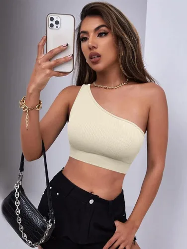 Vista 3 de OQQ Conjuntos de entrenamiento para mujer 2 piezas acanalados con un hombro cintura alta pantalones cortos con brasier deportivo conjunto