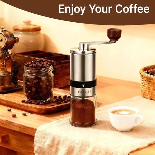 Vista 7 de Molinillo manual de café con rebaba de cerámica y 6 ajustes de grosor para granos de espresso, prensa francesa, café por goteo y café de filtro