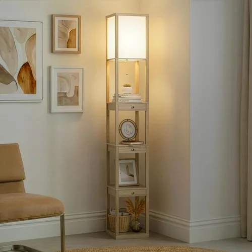 Vista 5 de Brightech Maxwell Edición Cajón - Lámpara de pie moderna de estante con cajón - Lámparas de pie de esquina con estantes para sala de estar