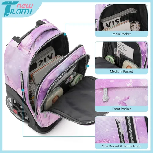Vista 81 de NEW TILAMI Mochila con ruedas de 19 pulgadas con bolsa de almuerzo para niñas y niños, mochila para laptop con ruedas, bolsa de mano duradera