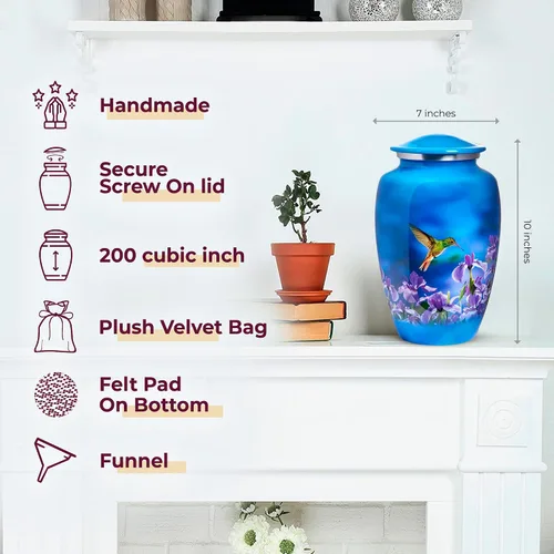 Vista 3 de Trupoint Memorials Urnas de Cremación para Cenizas Humanas de Adultos Mujeres, Urna Funeraria Decorativa para Hombres y Mujeres – Grande, Colibrí