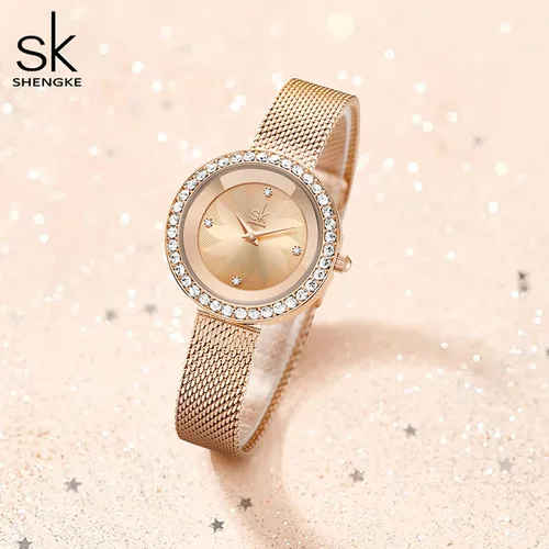 Vista 4 de SHENGKE Reloj de mujer de lujo analógico de cuarzo de moda de cuarzo para mujer, reloj impermeable para mujer Relogio Feminino, K0169-oro rosa