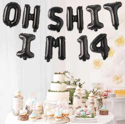 Vista 6 de Globos de látex de 16 pulgadas con texto en inglés "Oh I'm 14" Black Hallo Fourteen Cheers to 14 Years Old Theme Decor for Man Woman Happy 14th