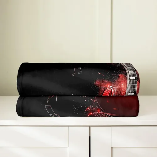Vista 4 de Red Guitar Flannel Fuzzy Blanket,Hip Pop Music Fleece Throw Blanket Kids Girls Boys Home Room Decor,Red Fire Fashion Guitar Bed Blanket,Musical Note