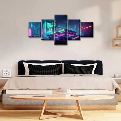 Vista 224 de Cuadros de 5 paneles de Cyberpunk City, arte de pared, representación de vallas publicitarias, edificios modernos en la capital con obras de arte