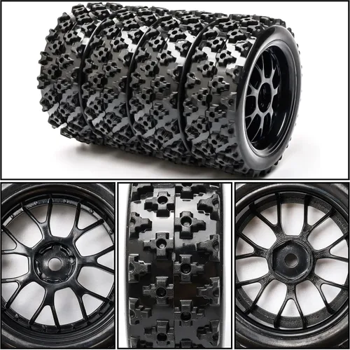 Vista 4 de Llantas de ruedas negras a escala 1:10, 4 unidades Split-type Tires, ABS Rims + Tires, 12mm Hex, Raised Tread Pattern, Shock Absorption