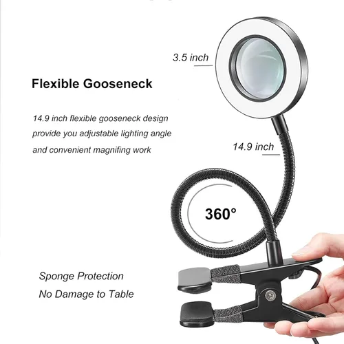 Vista 5 de Lupa de Escritorio con Luz 10x, Lupa con 3 Colores de Luz, 10 Niveles de Brillo Ajustable, Cuello de Cisne Flexible, Lámpara de Aumento