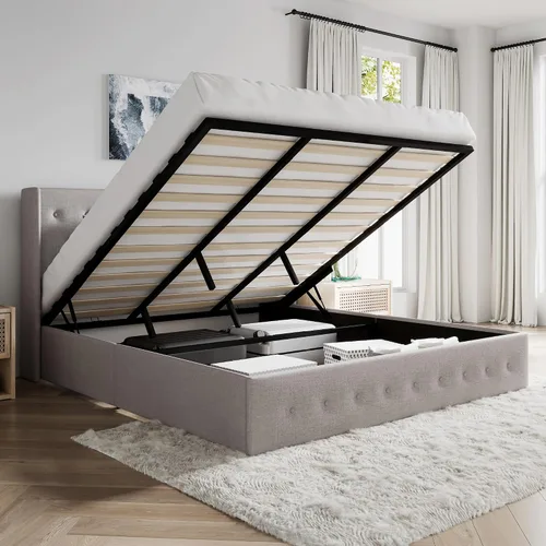Vista 10 de SHA CERLIN Base de cama de tamaño completo con almacenamiento abatible, cabecera abombada con botón acolchado, plataforma tapizada, almacenamiento