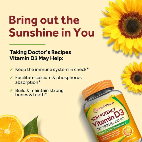 Vista 3 de Doctor's Recipes Vitamina D3 5000IU, apoyo inmunológico para huesos, dientes y función inmunológica, sin OMG, sin gelatina, gluten o soja, 120