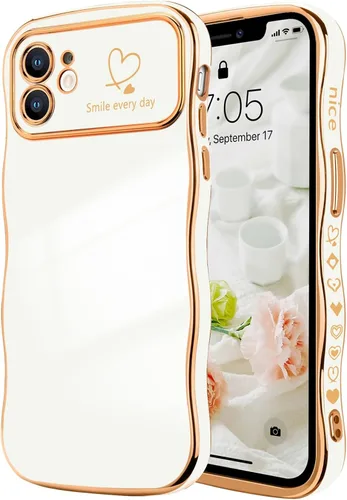 Vista 46 de LCHULLE - Funda para iPhone Air, linda para mujeres y niñas, con forma de onda, color azul bebé Luxury Plating Curly Wavy Frame with Love Heart