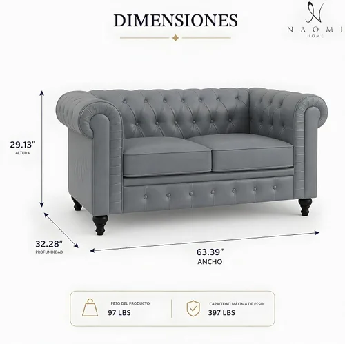 Vista 2 de Naomi Home Emery Chesterfield - Juego de sofá biplaza y sillas decorativas, color gris Juego de 2 piezas a juego, acolchado de botones, cojines