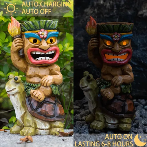 Vista 6 de Estatua de Tiki para exteriores con decoración de tortuga, figura de jardín con energía solar, arte Tiki para Tiki bar, patio trasero, jardín