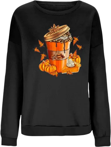 Vista 4 de Sudadera de manga larga con cuello redondo para mujer, diseño de calabaza, con forro polar, cálida y cómoda