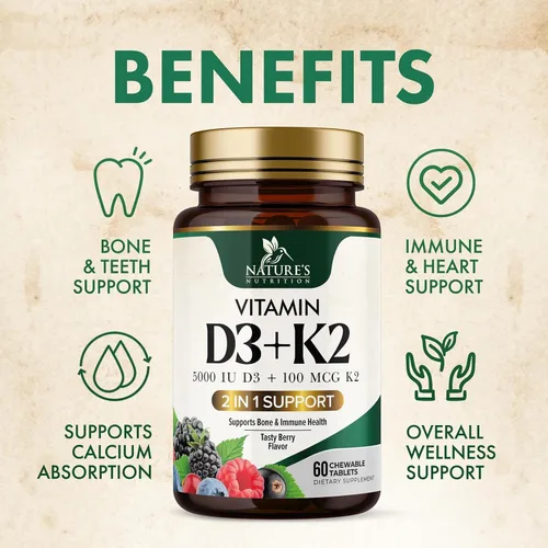 Vista 6 de Suplemento de vitamina D3 K2 5000 UI D3 + K2 100 mcg MK-7 K2 con vitamina D Apoya la salud inmunológica, cardíaca, dental y ósea, fácil