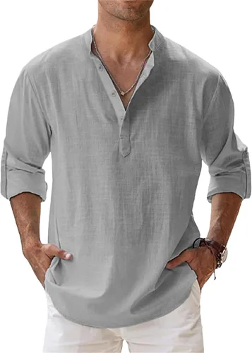 Vista 5 de Camisas de lino para hombre, de manga larga, con botones, de algodón, lino, talla grande, cuello de banda, color sólido, camisa de playa