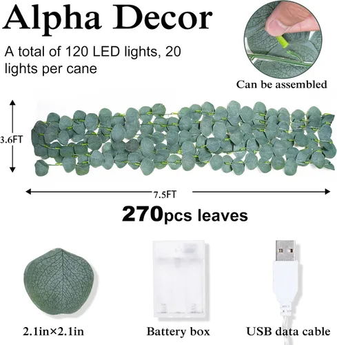 Vista 3 de Guirnalda de eucalipto iluminada con pilas de 7.5 x 3.6 pies con 120 luces LED artificiales de vegetación para bodas, fiestas, hogar, pared