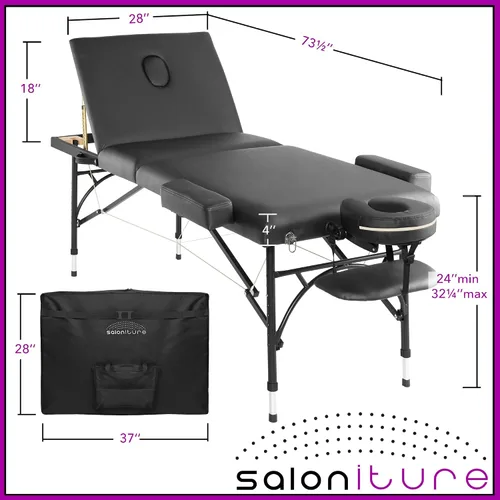 Vista 4 de Saloniture Mesa de masaje profesional portátil ligera de tres pliegues con patas de aluminio, incluye reposacabezas, soporte facial, reposabrazos