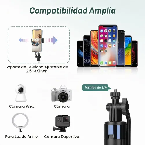 Vista 6 de Trípode selfie stick de 70 pulgadas para iPhone con control remoto, palo selfie extensible para iPhone, trípode portátil para teléfono de viaje