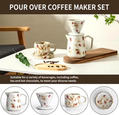 Vista 7 de Juego de cafetera hecha a mano con taza de café con patrón de fresa, 20 unidades, filtro de papel V60, cafetera de goteo de 20 onzas (fresa)