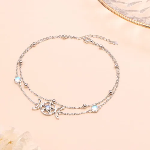 Vista 4 de Pulsera de plata esterlina S925 elegante cadena de pie con dije bohemio de playa de doble capa para mujeres, adolescentes y niñas, ajustable de 9 a