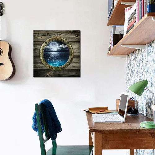 Vista 3 de Biuteawal - Marco de ventana estilo hermosas vistas del paisaje marino, arte de pared de luna, mar, océano, paisaje, pinturas en lienzo para sala