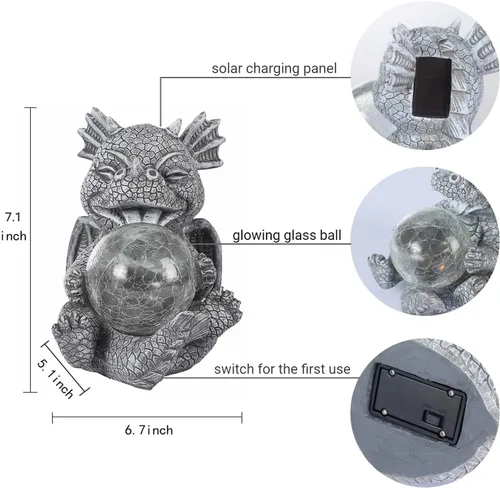 Vista 2 de Estatua de Dragón de Jardín con Energía Solar Figura Luminosa para Exteriores Decoración Linda que Sostiene Bola de Cristal Brillante Escultura