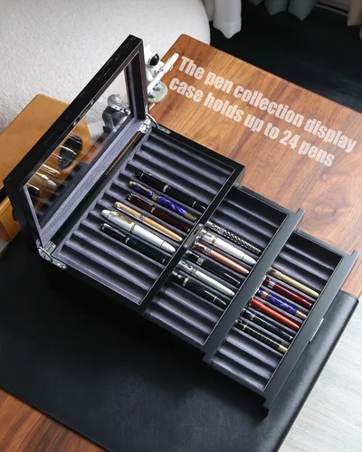 Vista 3 de vitrina de madera de la pluma de 36 ranuras Pluma estilográfica caja organizador de almacenamiento con cajón, ventana superior ventana pluma