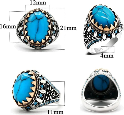Vista 6 de AROTOROM Retro Turquoise Ring for Men in 925 Sterling Silver Oval Sky Blue Stone Ring Life Track Significance Turkish Handmade Engraved Silver Ring