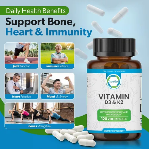 Vista 7 de Suplemento de vitamina D3 K2 de 5000 UI (MK-7 90 mcg) – 120 cápsulas vegetales – Suplemento de vitamina K2 D3 para apoyo óseo, corazón e