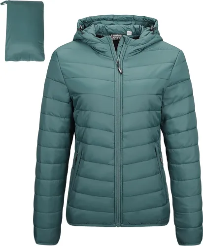 Vista 28 de Outdoor Ventures Chaqueta Puffer Ligera Empacable para Mujer con Cremallera Completa y Capucha, Abrigo de Invierno Acolchado Verde militar