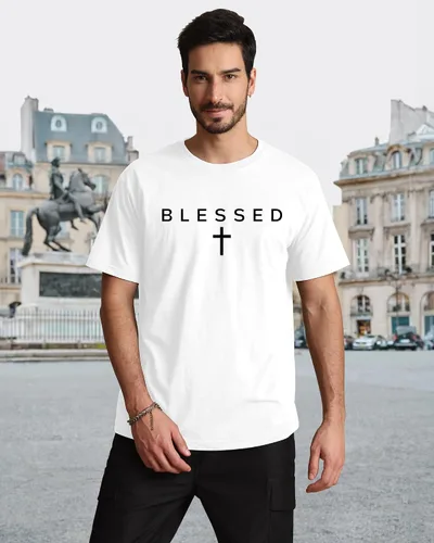 Vista 4 de KUYIGO Camiseta con estampado de cruz bendecida para hombre Blanco