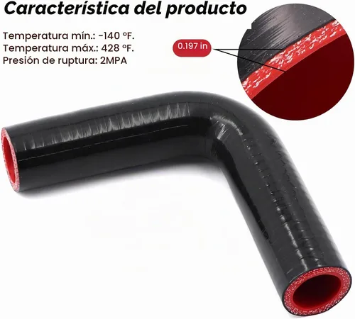 Vista 4 de 90 Grados ID 1 Pulgada (25mm) Manguera de Acoplador Reductor de Silicona Negra, 4 Capas Reforzadas, Longitud de Pata 4 Pulgadas (102mm) con 2