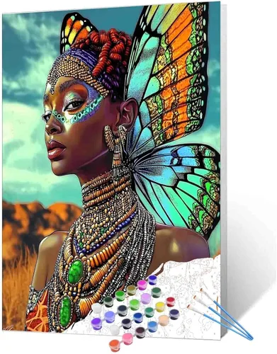 Vista 32 de Pintura de niña afro a la moda, kits de pintura por números, 16 x 20 pulgadas, lienzo de hojas tropicales, pintura al óleo para niños y adultos