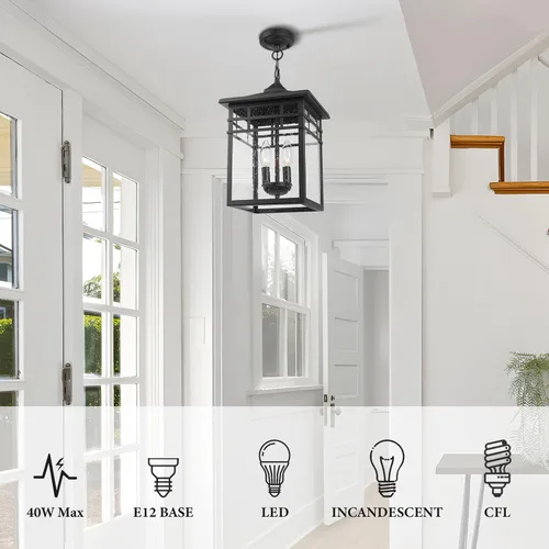 Vista 3 de Farol colgante para exteriores para porche delantero, 10 pulgadas, grande, negro, lámpara colgante con pantalla de vidrio sembrado para patio
