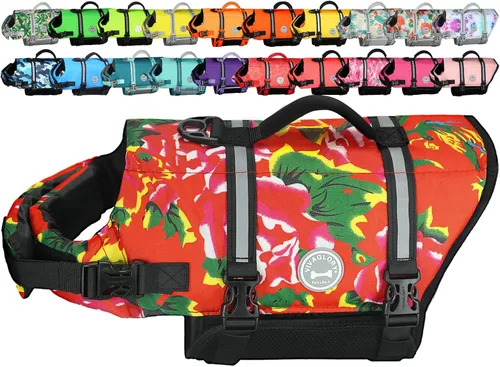Vista 9 de VIVAGLORY Chaleco salvavidas para perros Rip Stop, chaleco de natación con asa, flotabilidad para perritos cachorros, chaleco salvavidas para perros