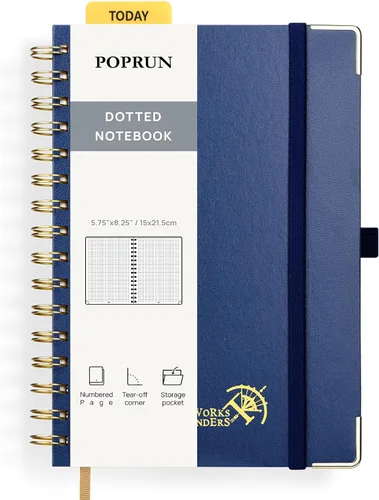 Vista 9 de POPRUN - Cuaderno de notas con espiral y puntos, diario A5 de 5.75" x 8.25", papel grueso de 120 gsm, 141 páginas numeradas, tapa dura para hombres