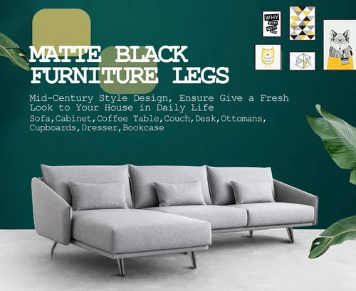 Vista 6 de 4 patas de muebles de 6 pulgadas, patas de metal cónicas oblicuas, color negro mate, pies de muebles de estilo de mediados de siglo para sofá