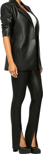 Vista 4 de Pantalones de piel sintética para mujer, cintura alta, costura frontal, dobladillo dividido, pantalones de piel sintética