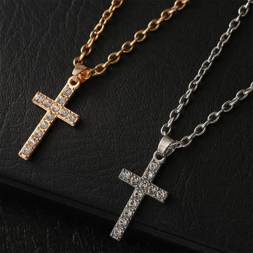 Vista 6 de Collar con colgante de cruz clásica de cristal de Jesús Cruz de clavícula, collar de cadenas de joyería para hombresmujeres, regalo de joyería