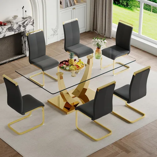 Vista 38 de Juego de mesa de comedor de cristal de 63 pulgadas para 4, mesa de comedor para 4, mesa de comedor con patas y base de acero inoxidable, sillas