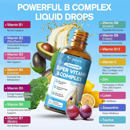 Vista 3 de 15 en 1 complejo de vitamina B liposomal Pro sin azúcar, gotas de complejo B con niacinamida B1, B2, B3, colina, biotina B5, B6, B7, inositol