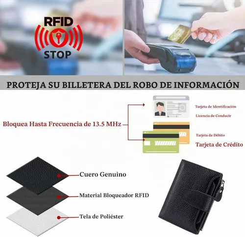 Vista 6 de Carteras de cuero para mujer con bloqueo RFID, billetera delgada, plegable, tarjetero con cremallera, bolsillo para monedas, ventana para A-Negro