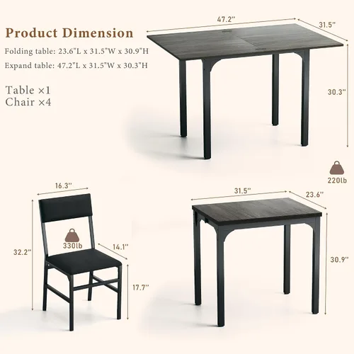Vista 3 de HUAHUU Juego de mesa de comedor para 4, juego de sillas con cojín para cocina extensible de 4, mesa de comedor rectangular con marco de metal