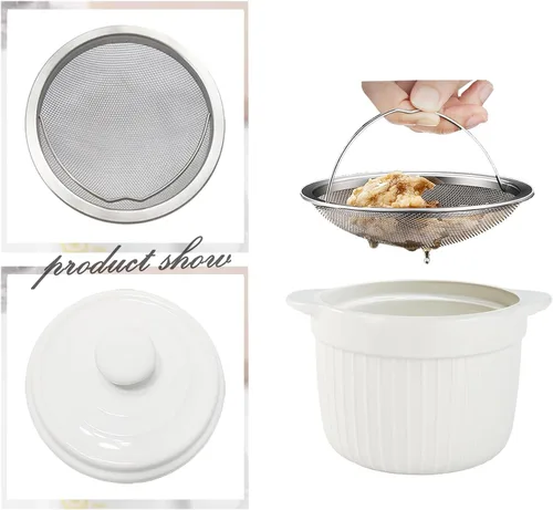 Vista 3 de Recipiente de grasa de tocino de cerámica con colador,Contenedor de grasa para cocina 17 oz,Blanco