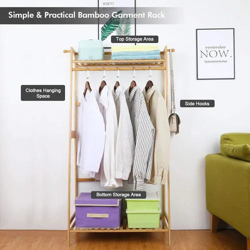 Vista 7 de Ufine Estante de ropa de bambú con estante de almacenamiento Soporte de ropa portátil para dormitorio habitación de invitados